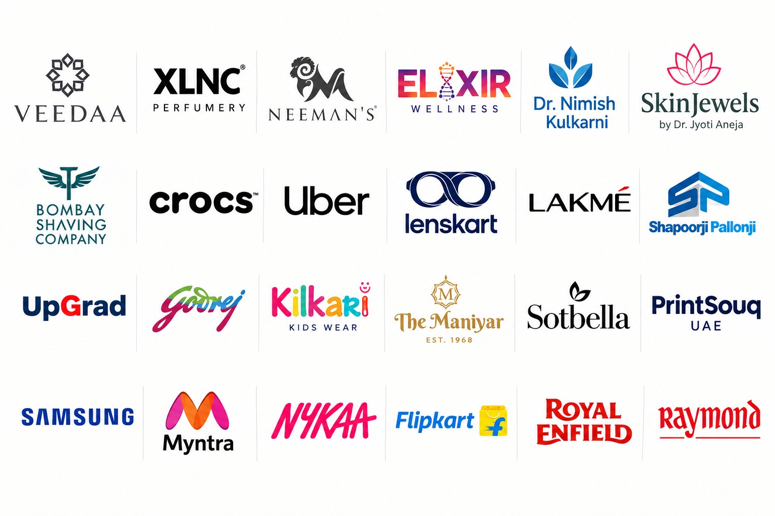 Logos of brands DigiChakra360 has worked with, including Veedaa, XLNC Perfumery, Neeman's, Elixir Wellness, Bombay Shaving Company, Crocs, Uber, Lenskart, Lakmé, Shapoorji Pallonji, UpGrad, Godrej, Kilkaari, Sotbella, PrintSouq, Samsung, Myntra, Nykaa, Flipkart, Royal Enfield and Raymond.